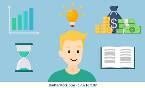 A smart man is thinking about business, time, learning and money, vector, illustration