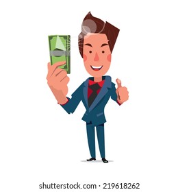 smart man thumbs up and show money. bank note - vector illustration