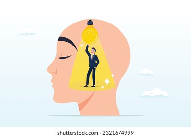 Smart man turn on light bulb idea inside his genius head, intelligence thinking, wisdom or intuition in genius brain, creative mindset or emotional intelligence, smart thinking or psychology (Vector)
