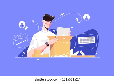 Smart man unpacking big parcel vector illustration. Young boy sitting near table and looking at purchases came in big cardboard box from distant relative or friend or online shop