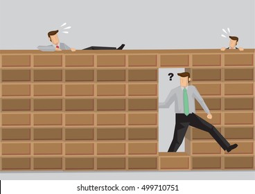 Smart man walking through hole in brick wall while others try to climb over wall. Cartoon vector illustration on concept for taking shortcuts versus doing things the hard way. 