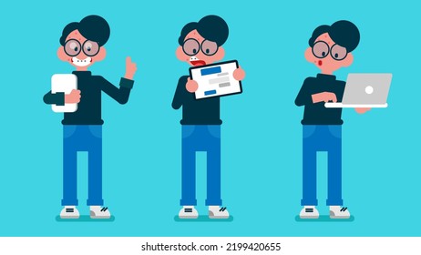 Smart Man Wear Black Shirt And Jeans Pant, Holding His Tablet, Shows What Appears On The Screen Of His Device, Nerd With Glasses Working On Laptop, Flat Avatar Vector Illustration.