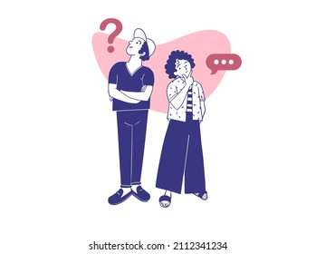 Smart man and woman solving a problem. Nonverbal communication signals sketches.Thinking people with gestures of questioning. Hand drawn vector illustration of thoughtful human emotion signs. 