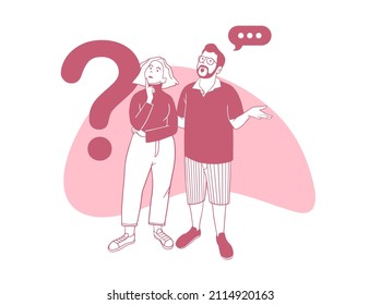 Kluger Mann und Frau lösen ein Problem. Denken Sie an Menschen mit Gesten der Befragung. Die nonverbale Kommunikation signalisiert Skizzen. Handgezeichnete Vektorgrafik nachdenklicher menschlicher Emotionszeichen. 