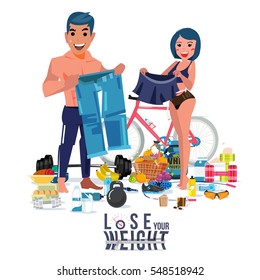 smart man and women showing pant after losing weight come with exercise tool and healthy food for losing weight. typographic design for header - vector illustration