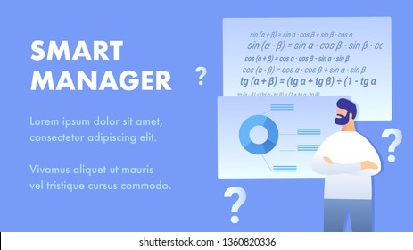 Smart Manager Service Flat Banner Vector Template. Man in Casual Clothes Cartoon Character. Statistics Chart, Complex Equation, Question Marks. Time Management Illustration with Copyspace