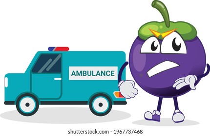 smart mangosteen character presenting assistance for emergency ambulance or medical service