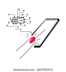 Smart manicure. Ultra-thin chip glued to the nail. Smart gadget for women. NFS module and RFID tag for recording information read by a smartphone. Vector illustration