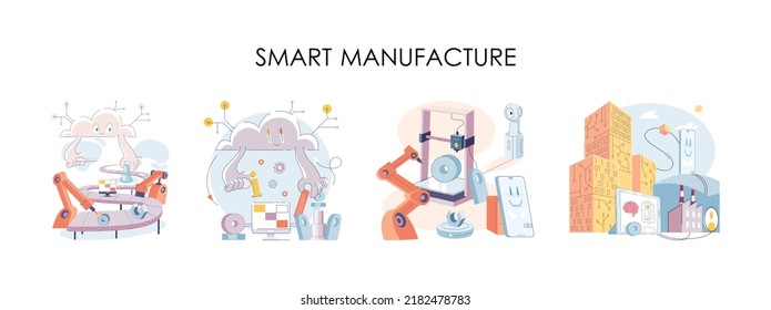 Smart manufacture, automation development metaphor. Innovative smart industry product design, manufacturing process, automated production line, delivery and distribution robots machinery: industry 4.0