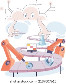 Smart manufacture, automation development metaphor. Innovative smart industry product design, manufacturing process, automated production line, delivery and distribution robots machinery: industry 4.0