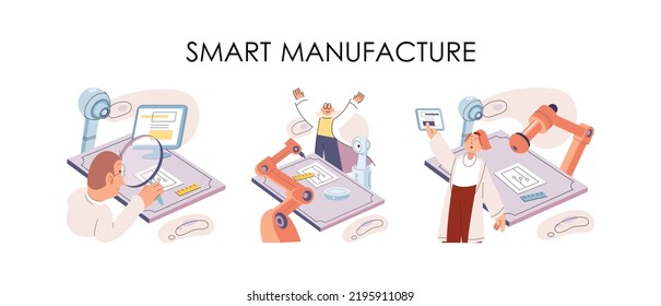 Smart manufacture, automation development metaphor. Innovative smart industry product design, manufacturing process, automated production line, delivery and distribution robots machinery: industry 4