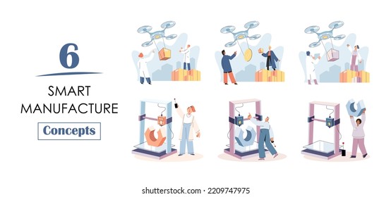 Smart manufacture, automation development metaphor. Innovative smart industry product design, manufacturing process, automated production line, delivery and distribution robots machinery: industry 4.0