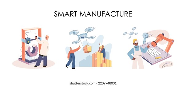 Smart manufacture, automation development metaphor. Innovative smart industry product design, manufacturing process, automated production line, delivery and distribution robots machinery: industry 4.0