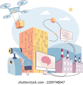 Smart manufacture, automation development metaphor. Innovative smart industry product design, manufacturing process, automated production line, delivery and distribution robots machinery: industry 4.0