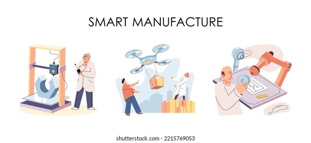 Smart manufacture, automation development metaphor. Innovative smart industry product design, manufacturing process, automated production line, delivery and distribution robots machinery: industry 4.0