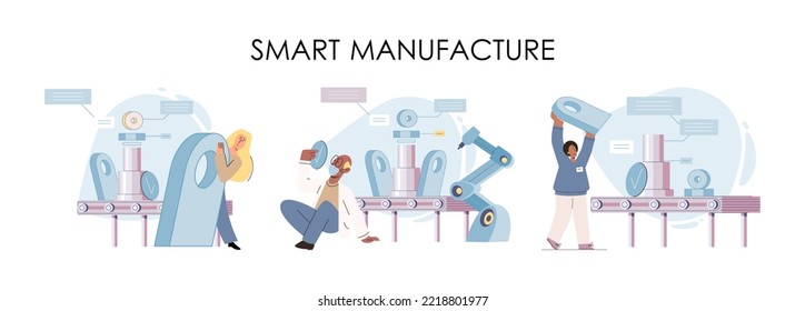 Smart manufacture, automation development metaphor. Innovative smart industry product design, manufacturing process, automated production line, delivery and distribution robots machinery: industry 4.0