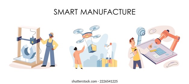 Smart manufacture, automation development metaphor. Innovative smart industry product design, manufacturing process, automated production line, delivery and distribution robots machinery: industry 4.0