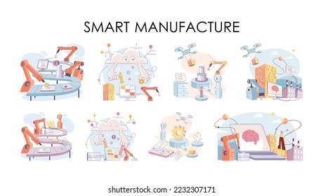Smart manufacture, automation development metaphor. Innovative smart industry product design, manufacturing process, automated production line, delivery and distribution robots machinery: industry 4.0