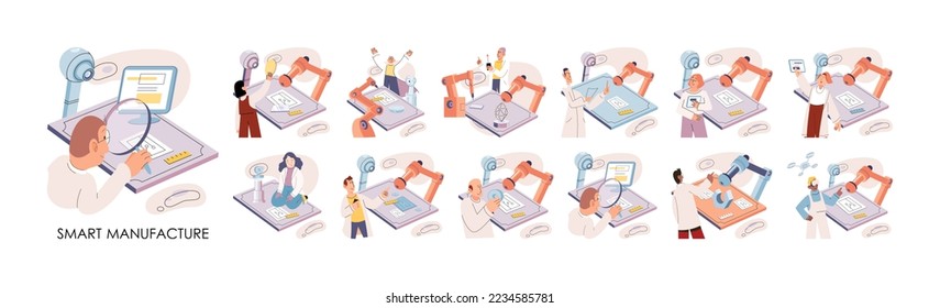 Smart manufacture, automation development metaphor. Innovative smart industry product design, manufacturing process, automated production line, delivery and distribution robots machinery: industry 4.0