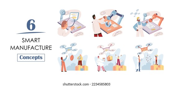 Smart manufacture, automation development metaphor. Innovative smart industry product design, manufacturing process, automated production line, delivery and distribution robots machinery: industry 4.0