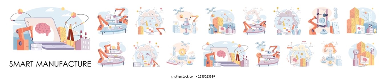 Smart manufacture, automation development metaphor. Innovative smart industry product design, manufacturing process, automated production line, delivery and distribution robots machinery: industry 4.0