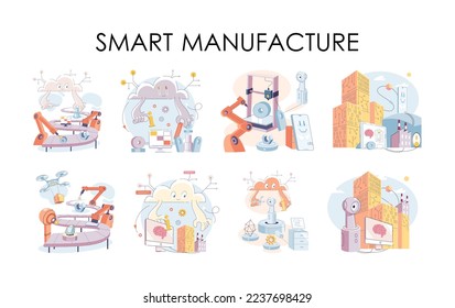 Fabricación inteligente, metáfora de desarrollo de automatización. Diseño innovador de productos de la industria inteligente, proceso de fabricación, línea de producción automatizada, entrega y distribución de robots: sector 4.0