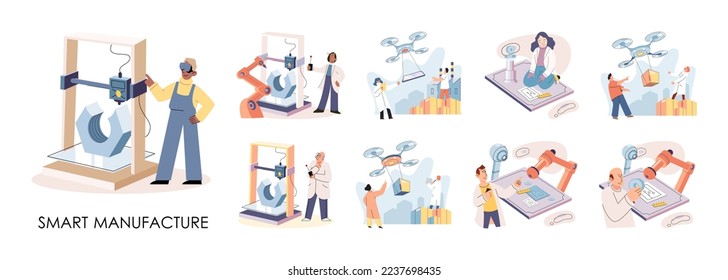 Smart manufacture, automation development metaphor. Innovative smart industry product design, manufacturing process, automated production line, delivery and distribution robots machinery: industry 4.0