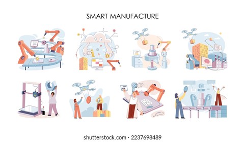 Smart manufacture, automation development metaphor. Innovative smart industry product design, manufacturing process, automated production line, delivery and distribution robots machinery: industry 4.0