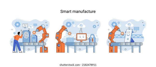 Smart manufacture metaphor with automated production line. Innovative contemporary smart industry: product design, delivery and distribution with people, robots and machinery, conveyor assembly line