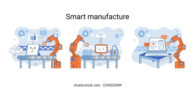 Smart manufacture metaphor with automated production line. Innovative contemporary smart industry: product design, delivery and distribution with people, robots and machinery, conveyor assembly line