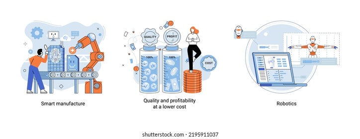 Smart manufacture metaphor with automated production line. Innovative contemporary smart industry: product design, delivery and distribution with people, robots and machinery, conveyor assembly line