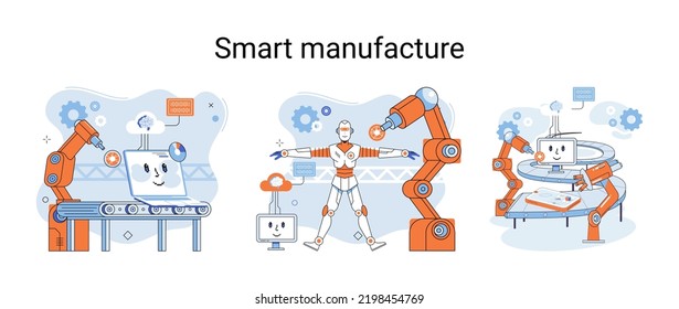 Smart manufacture metaphor with automated production line. Innovative contemporary smart industry: product design, delivery and distribution with people, robots and machinery, conveyor assembly line