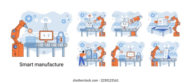 Smart manufacture metaphor with automated production line. Innovative contemporary smart industry: product design, delivery and distribution with people, robots and machinery, conveyor assembly line
