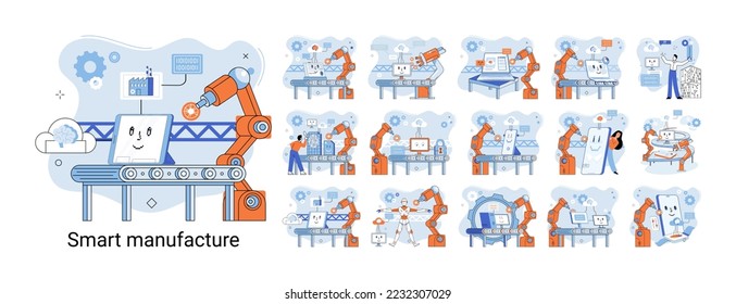 Smart manufacture metaphor with automated production line. Innovative contemporary smart industry: product design, delivery and distribution with people, robots and machinery, conveyor assembly line