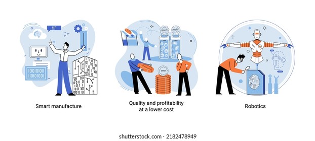 Smart manufacture, quality and profitability at a lower cost, robotics system metaphor set. Productivity management, quality control for successful results monitoring and job tasks optimization