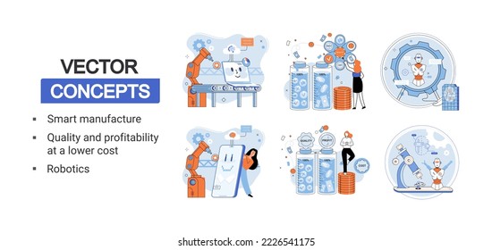 Smart manufacture, quality and profitability at a lower cost, robotics system metaphor set. Productivity management, quality control for successful results monitoring and job tasks optimization
