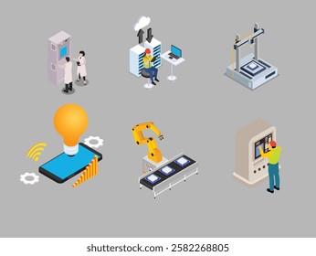 Smart Manufacturing and Industrial Automation 3d isometric vector illustration