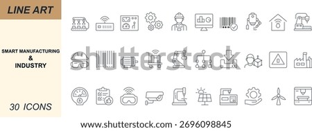 Smart manufacturing and industry vector icon set with minimal line art of robotics, automation, IoT, data, analytics, energy, warehouse, supply chain, and security. Perfect for apps, web, and UI.