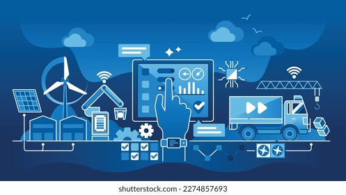 Intelligentes Fertigungskonzept mit Prozessautomatisierung und Digitalisierung. Automatische Werksarbeit mit nachhaltigem Ressourcenverbrauch und ferngesteuerter IOT-Maschinenbedienung zur Vektorgrafik.