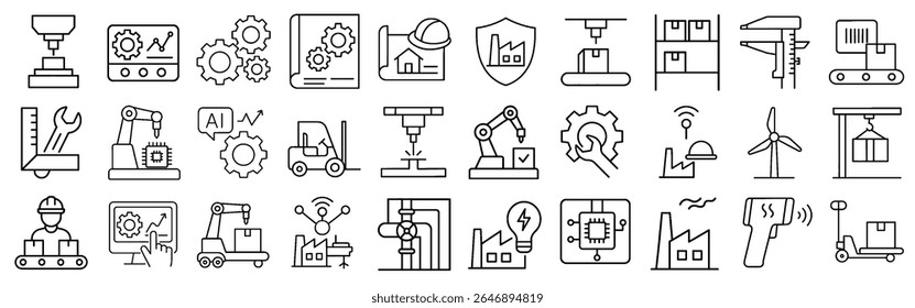 Smart Manufacturing Stroke Icon Set. Containing Robotic Arms, Industrial Tools, Assembly Line, and Factory Equipment. Editable Vector Pack.