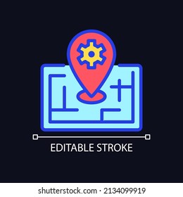 Smart mapping technology pixel perfect RGB color icon for dark theme. Location on GPS app. Internet of Things. Simple filled line drawing on night mode background. Editable stroke. Arial font used