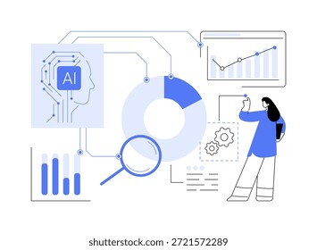 Ilustración vectorial abstracta del concepto de las plataformas inteligentes de investigación de mercado. Las plataformas de IA analizan el comportamiento del consumidor para guiar las estrategias de mercado de las startups.