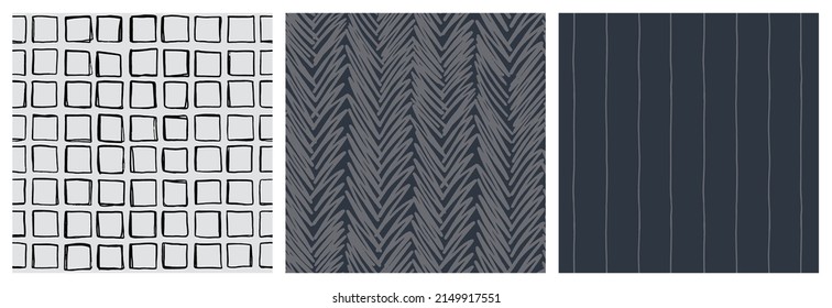 Smart Masculine Seamless Pattern Set. Monochrome, Shades Of Grey Colour Backgrounds With Line, Square And Herringbone Designs.