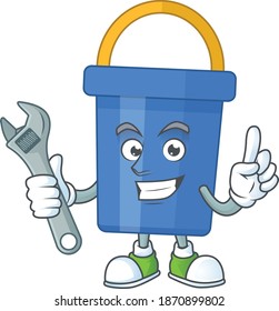 A Smart Mechanic Blue Sand Bucket Cartoon Mascot Design Fix A Broken Machine. Vector Illustration