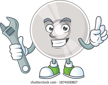 A smart mechanic compact disk cartoon mascot design fix a broken machine. Vector illustration