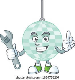 A smart mechanic disco ball cartoon mascot design fix a broken machine. Vector illustration