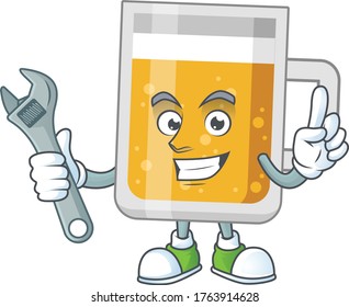 A smart mechanic glass of beer cartoon mascot design fix a broken machine. Vector illustration