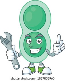 A smart mechanic green streptococcus pneumoniae cartoon mascot design fix a broken machine. Vector illustration