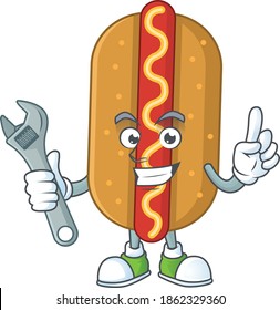 A smart mechanic hotdog cartoon mascot design fix a broken machine. Vector illustration