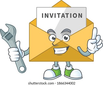A smart mechanic invitation message cartoon mascot design fix a broken machine. Vector illustration
